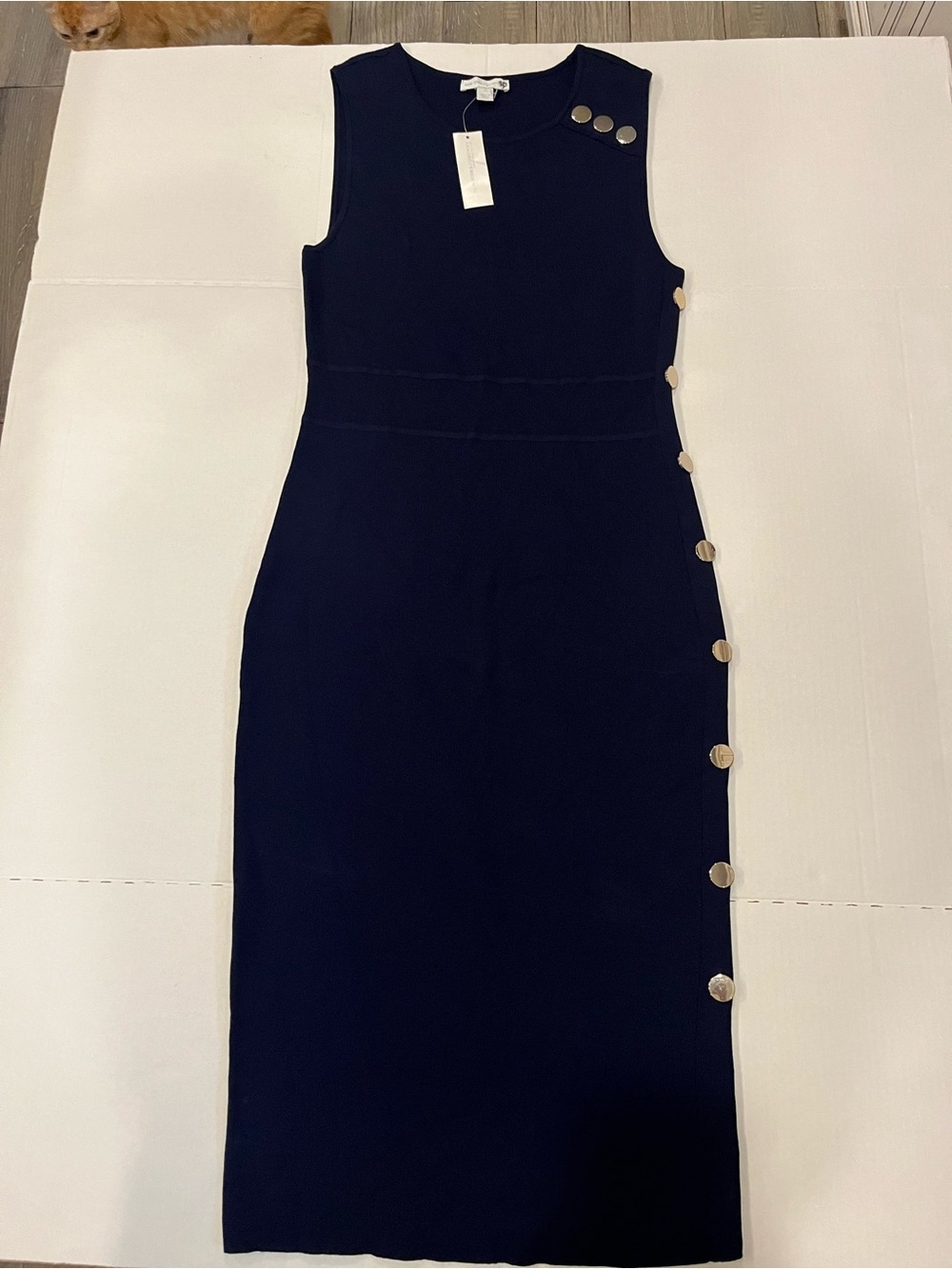 New York & Company Navy Midi Sheath Dress with Gold Buttons #datenight